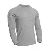 The NSA DRIFIRE FR Helix Long Sleeve T-Shirt TEE-HX is a long-sleeve, gray shirt featuring a round neckline, a small pocket on the left chest, and a red logo on the left sleeve. Its fabric offers a soft and casual feel while providing arc flash protection for enhanced safety.