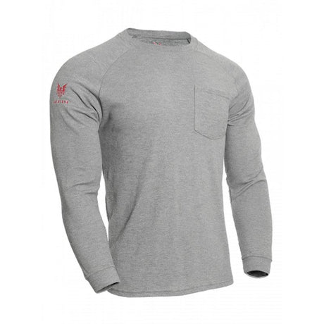 The NSA DRIFIRE FR Helix Long Sleeve T-Shirt TEE-HX is a gray shirt featuring a chest pocket and a discreet logo on the upper left arm. Ideal for casual wear, this item provides essential flash fire protection without compromising on style.