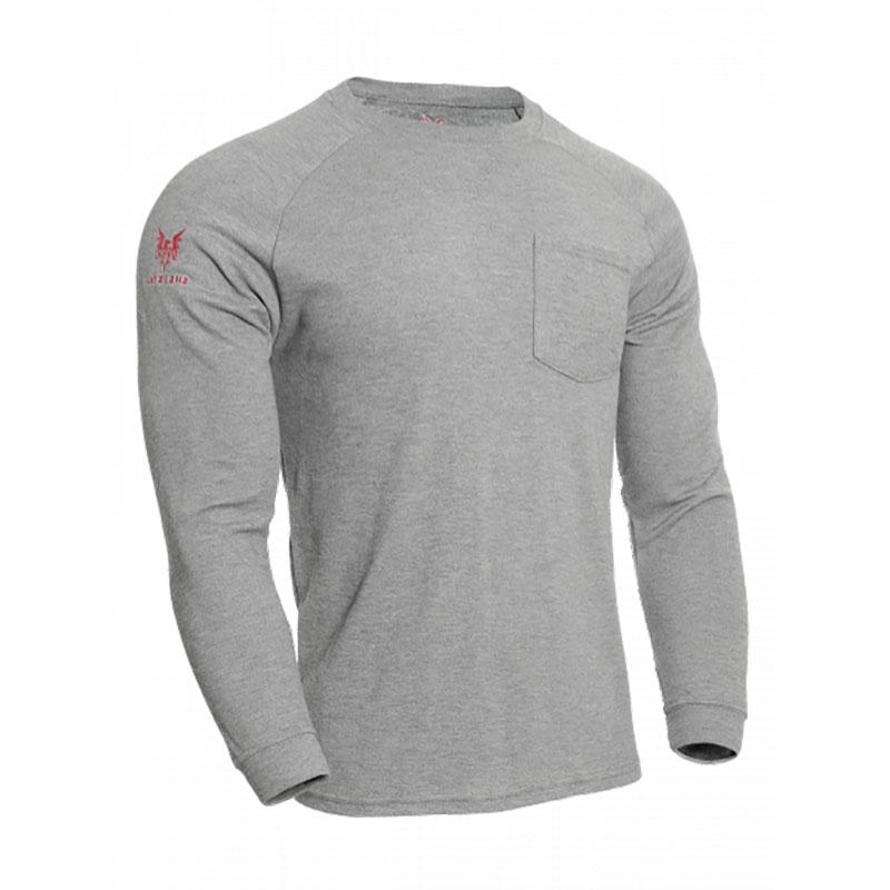 The NSA DRIFIRE FR Helix Long Sleeve T-Shirt TEE-HX is a gray long-sleeve shirt featuring a pocket on the left chest. It has a rounded neckline and displays a red logo on the upper left sleeve. Designed by NSA, this shirt offers flash fire protection with its FR clothing technology while maintaining a smooth texture and simple design.