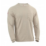 The NSA DRIFIRE FR Helix Long Sleeve T-Shirt TEE-HX in beige comes with a crew neck, a small chest pocket, and subtle stitching details. Made from soft, comfortable material that provides flash fire protection, this t-shirt features a logo on the left sleeve near the shoulder. Perfect for casual wear while offering added peace of mind.