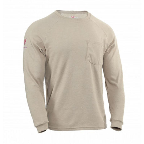 The NSA DRIFIRE FR Helix Long Sleeve T-Shirt TEE-HX features a beige color, crew neckline, and a pocket on the left chest. As part of NSA's collection, this shirt is designed with flame-resistant materials to provide arc flash protection while offering a casual fit and subtle stitching details on the shoulders.