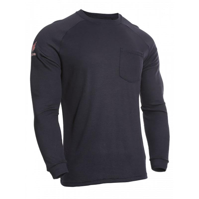 The NSA DRIFIRE FR Helix Long Sleeve T-Shirt TEE-HX is a black long-sleeve shirt featuring a round neckline and a left chest pocket, designed to protect against flash fires. It includes a small brand logo on the upper left arm and is showcased against a plain white background.