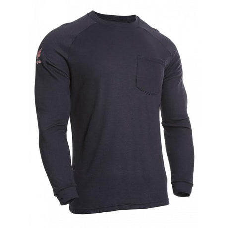 The NSA DRIFIRE FR Helix Long Sleeve T-Shirt TEE-HX is a black shirt featuring a crew neck and a small pocket on the left chest. The fabric is soft, durable, and provides flash fire protection, making it ideal for both casual and work settings. Its simple yet functional design is enhanced by raglan-stitched sleeves.