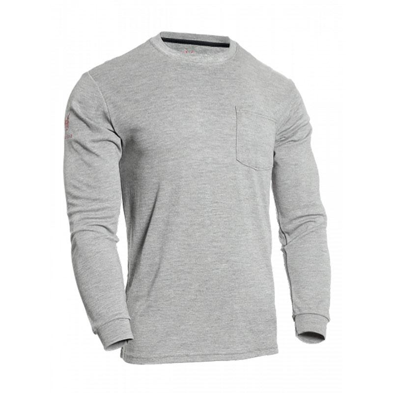 Product Description: The NSA DRIFIRE FR Power Dry Long Sleeve T-Shirt (TEE-PD) features a gray design with a long-sleeve crewneck and chest pocket. Crafted from Polartec Power Dry fabric, it provides excellent moisture-wicking benefits. Displayed against a white background.