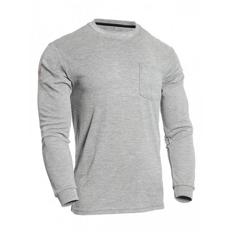 Product Description: The NSA DRIFIRE FR Power Dry Long Sleeve T-Shirt (TEE-PD) features a gray design with a long-sleeve crewneck and chest pocket. Crafted from Polartec Power Dry fabric, it provides excellent moisture-wicking benefits. Displayed against a white background.