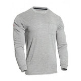 Introducing the NSA DRIFIRE FR Power Dry Long Sleeve T-Shirt TEE-PD, a gray long-sleeve shirt with a round neck and a left-side chest pocket, expertly crafted using Polartec Power Dry technology for superior moisture-wicking performance, shown against a white background.