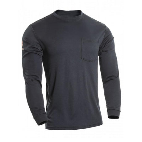 The NSA DRIFIRE FR Power Dry Long Sleeve T-Shirt, model TEE-PD, is a plain black garment featuring a round neck and a small chest pocket on the left side. Made from soft fabric with Polartec Power Dry technology for moisture management, it is perfect for casual wear.