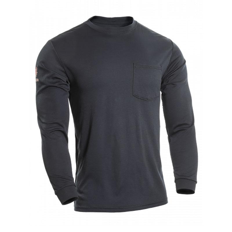 The NSA DRIFIRE FR Power Dry Long Sleeve T-Shirt TEE-PD, expertly crafted by NSA, features a black long-sleeve crew neck design with a left chest pocket and is made with Polartec Power Dry fabric to provide protection against arc flash hazards. Displayed on a white background, the fabric appears smooth and slightly fitted.