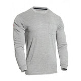 Introducing the NSA DRIFIRE FR Power Dry Long Sleeve T-Shirt TEE-PD by NSA, a stylish gray long-sleeve shirt featuring a round neckline and a convenient chest pocket. Made from soft and lightweight Polartec Power Dry fabric, this shirt is perfect for those concerned with arc flash hazards. Its clean design is accentuated against a crisp white background.