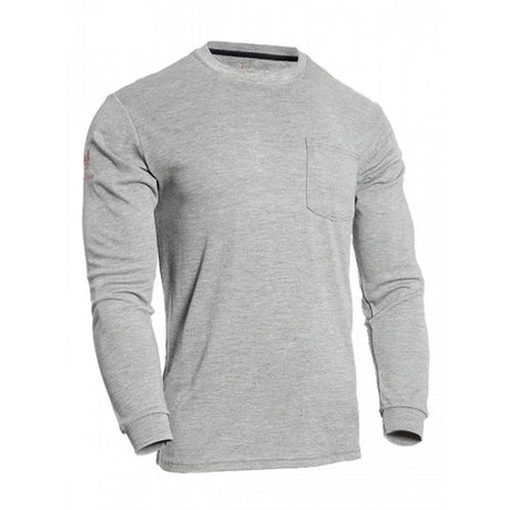 Introducing the NSA DRIFIRE FR Power Dry Long Sleeve T-Shirt TEE-PD by NSA, a stylish gray long-sleeve shirt featuring a round neckline and a convenient chest pocket. Made from soft and lightweight Polartec Power Dry fabric, this shirt is perfect for those concerned with arc flash hazards. Its clean design is accentuated against a crisp white background.