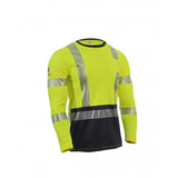 Introducing the NSA DRIFIRE FR Hi-Vis Dual Hazard Long Sleeve Hybrid T-Shirt, featuring long sleeves and high-visibility yellow fabric for maximum safety. Crafted with dual hazard material, it includes reflective silver stripes across the chest, arms, and waist. The lower section is black with a round neckline and an arc rating of 8.9 cal/cm² for superior protection.