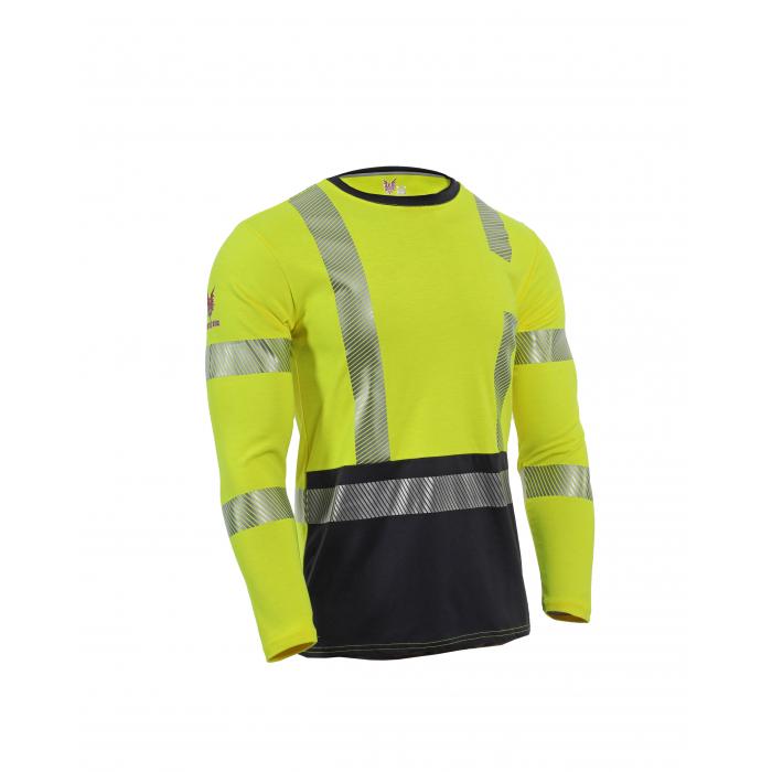 The NSA DRIFIRE FR Hi-Vis Dual Hazard Long Sleeve Hybrid T-Shirt features a vibrant yellow color with reflective silver stripes across the chest, arms, and midsection. The two-tone design is highlighted by a black bottom. Made from dual hazard fabric with an arc rating of 8.9 cal/cm², this shirt provides both high visibility and safety.