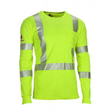 The NSA DRIFIRE FR Hi-Vis Dual Hazard T-Shirt TEEY2LSPC3, in bright yellow, features long sleeves and 3M Scotchlite reflective silver stripes across the chest, back, and arms. It includes a chest pocket and a small logo on the upper left sleeve. Designed for ultimate safety with FR Dual Hazard protection and an Arc Rating of 10 cal/cm².