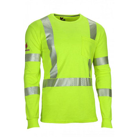 The NSA DRIFIRE FR Hi-Vis Dual Hazard T-Shirt TEEY2LSPC3, in bright yellow, features long sleeves and 3M Scotchlite reflective silver stripes across the chest, back, and arms. It includes a chest pocket and a small logo on the upper left sleeve. Designed for ultimate safety with FR Dual Hazard protection and an Arc Rating of 10 cal/cm².