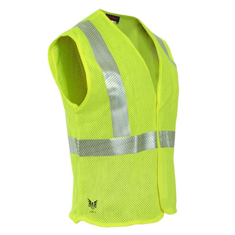 Introducing the NSA DRIFIRE FR Hi-Vis Mesh Class 2 Vest V00HA2V_ _, a bright yellow safety essential from NSA. It features silver reflective stripes across the chest and shoulders, offering enhanced visibility. With its breathable mesh design and an arc rating of 4.6 cal/cm², this flame-resistant vest ensures both protection and visibility in demanding environments.