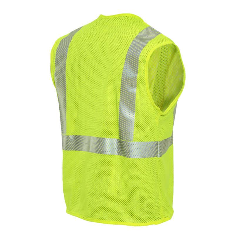 The NSA DRIFIRE FR Hi-Vis Mesh Class 2 Vest V00HA2V_ _, designed for superior safety, is a sleeveless, breathable, and flame-resistant safety vest in high-visibility yellow. It includes reflective silver stripes across the back and shoulders and has an arc rating of 4.6 cal/cm². Displayed on a white background, this vest combines visibility with excellent protection features.