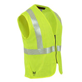 The NSA DRIFIRE FR Hi-Vis Mesh Zip Front Class 2 Vest, in vibrant yellow, boasts reflective silver stripes on both the front and back. Constructed from flame-resistant mesh material with an arc rating of 4.6 cal/cm², it is designed without sleeves and includes a front zipper closure for easy wearing.