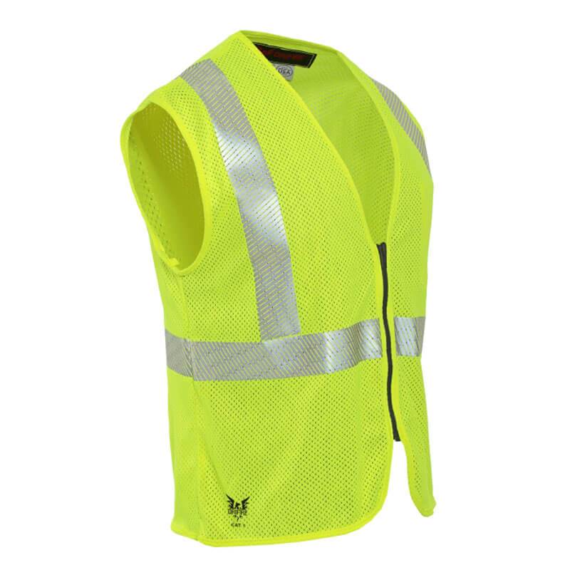 Introducing the NSA DRIFIRE FR Hi-Vis Mesh Zip Front Class 2 Vest V00HA2Z_ _: a vibrant yellow vest made from flame-resistant materials. It includes reflective silver stripes across the chest and shoulders, offering high visibility and an impressive arc rating of 4.6 cal/cm².