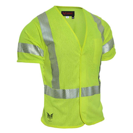 The NSA DRIFIRE FR Hi-Vis Mesh Class 3 Short Sleeve Vest, model V00HA3V_ _, is a bright yellow safety vest with silver reflective stripes and short sleeves for enhanced visibility. This flame-resistant vest includes a convenient front opening and features black text along with the logo at the bottom. With an arc rating of 4.6 cal/cm², it's perfect for ensuring safety during outdoor work activities.