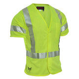 The NSA DRIFIRE FR Hi-Vis Mesh Class 3 Short Sleeve Vest V00HA3V_ _ is a fluorescent yellow safety vest designed with reflective silver stripes. It features short sleeves and is crafted from breathable mesh fabric, offering an arc rating of 4.6 cal/cm² for enhanced visibility and flame resistance.