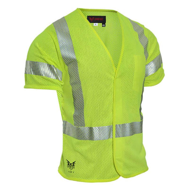 The NSA DRIFIRE FR Hi-Vis Mesh Class 3 Short Sleeve Vest V00HA3V_ _ is a high-visibility neon yellow safety vest with gray reflective stripes. Crafted from mesh material, this flame-resistant vest includes a front opening and offers an arc rating of 4.6 cal/cm². The brand logo is prominently displayed at the bottom left corner.