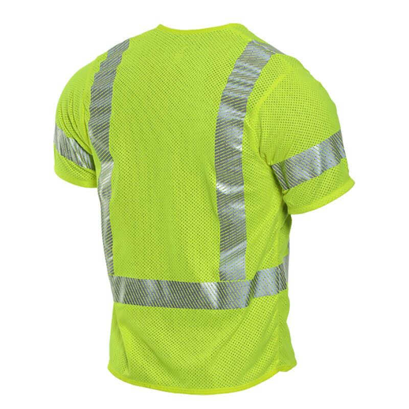 Introducing the NSA DRIFIRE FR Hi-Vis Mesh Class 3 Short Sleeve Vest V00HA3V, a fluorescent yellow safety t-shirt from NSA that features silver reflective stripes on the back and sleeves. Designed to offer flame-resistant protection, this short-sleeved shirt is made of mesh material and boasts an impressive arc rating of 4.6 cal/cm², ensuring enhanced safety in demanding environments.