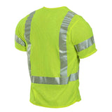 Introducing the NSA DRIFIRE FR Hi-Vis Mesh Class 3 Short Sleeve Vest V00HA3V, a fluorescent yellow safety t-shirt from NSA that features silver reflective stripes on the back and sleeves. Designed to offer flame-resistant protection, this short-sleeved shirt is made of mesh material and boasts an impressive arc rating of 4.6 cal/cm², ensuring enhanced safety in demanding environments.