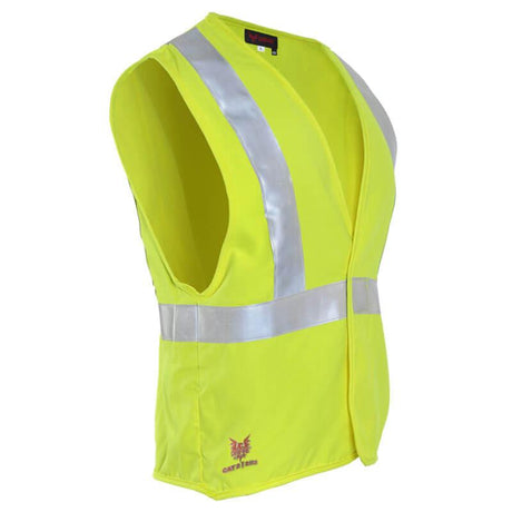 The NSA DRIFIRE FR Hi-Vis Twill Contractor Class 2 Vest, model V20TV2V, features flame-resistant properties and a bright yellow color. It is equipped with reflective silver stripes on the chest and shoulders to improve visibility. The vest has an open front design and includes a small logo near the bottom hem, providing safety with an Arc Rating of 8.9 cal/cm².