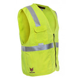 The NSA FR Deluxe Hi-Vis Road Vest by NSA is a vibrant yellow safety vest that features reflective silver stripes across the chest and vertical stripes over the shoulders. It is designed with a zip closure and includes a pocket on one side, showcasing a butterfly logo accompanied by text near the bottom hem.