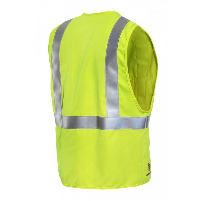 The NSA FR Deluxe Hi-Vis Road Vest, by NSA, is a bright yellow flame-resistant garment designed with reflective silver stripes over the shoulders and around the waist. This sleeveless vest is constructed from highly visible material to ensure safety in any work environment.