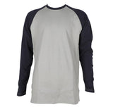 The ForgeFR Men's FR Baseball Tee MLFRBBT0021 is a fashionable long-sleeve raglan shirt designed with a light gray body and black sleeves set against a plain white background. Featuring a classic style and an ATPV of 11 cal/cm², it complies with NFPA 2112 standards, offering both style and protection.