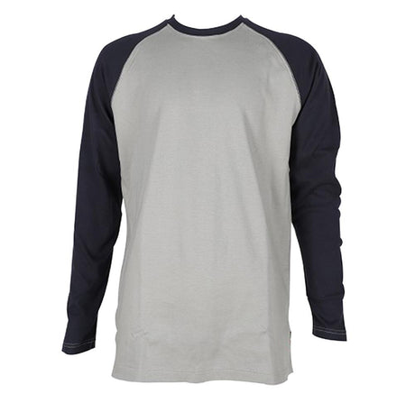 The ForgeFR FR Baseball Tee, model MLFRBBT0021, showcases a minimalist and casual design with a light gray body and black raglan sleeves. Set against a white background, this long-sleeved tee is both stylish and compliant with NFPA 2112 standards.