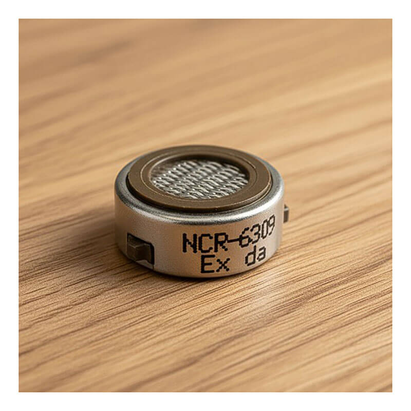 A close-up shows an RKI Instruments Replacement LEL Sensor NCR-6309, with a mesh-covered top and metallic body, resting on a wooden surface. It's commonly used as an RKI LEL replacement in gas monitors such as the GX-3R Pro.