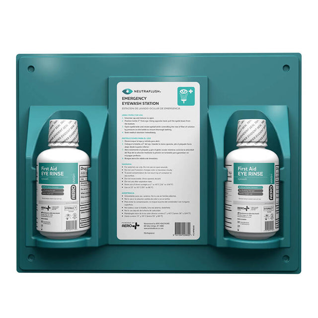 The Aero Healthcare Neutraflush Eyewash Wall Station 16oz features two bottles of first aid eye rinse and clear instructions, offering reliable workplace eye safety for emergency eyewash situations.