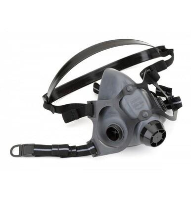 Introducing the Honeywell North 5500 Series Economical Thermoplastic Elastomer Half Mask by North, a NIOSH-approved respirator designed in black and gray with adjustable head straps. This mask offers dual air filters on each side and a central breathing apparatus, providing strong protection against airborne particles and gases.