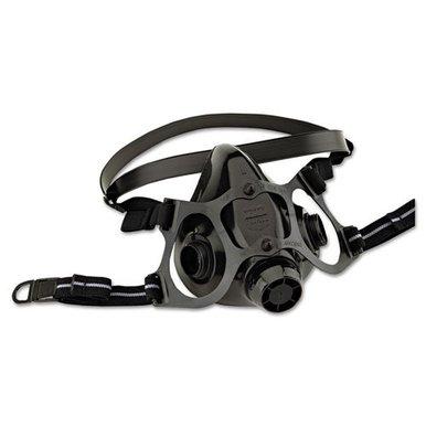 The Honeywell North 7700 Series Silicone Half Mask, by North, features a black design with adjustable straps and a circular filter. It is crafted from medical-grade silicone for enhanced durability and provides superior respiratory protection.