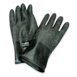 Introducing the Honeywell North Butyl Glove - Rough Finish B131R, a pair of black rubber gloves designed for heavy-duty applications and excellent chemical resistance. Featuring textured surfaces for improved grip, these durable gloves from North provide superior protection. Neatly stacked with one glove on top of the other, they are ready to tackle any challenging task.