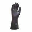 A single Honeywell North Butyl Glove from the B161 Series is displayed upright against a plain white background. This black safety glove, ideal for industrial use, features a smooth finish and extends to cover part of the forearm, providing chemical-resistant protection.