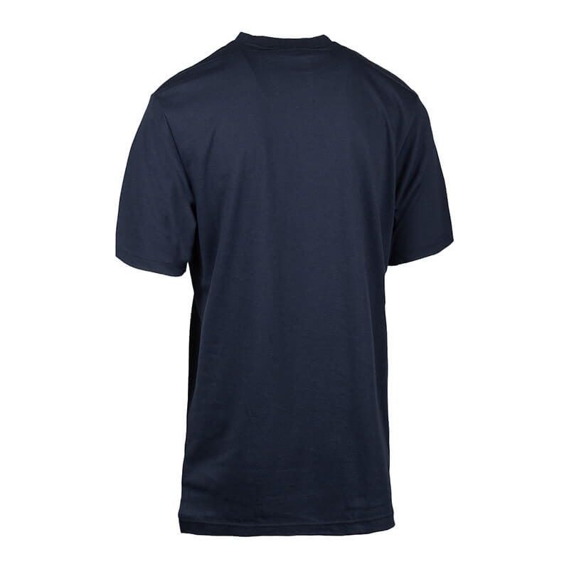 The PIP Navy Blue FR Short Sleeve T-Shirt 385-FRSSNV is shown from the back against a white background, featuring a plain design with no visible logos and built to NFPA 70E standards for comfort and safety.