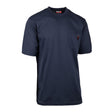 The PIP Navy Blue FR Short Sleeve T-Shirt 385-FRSSNV features a left chest pocket with a red and black tag, an inside collar label reading "PIP," and NFPA 70E arc flash protection.