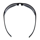 A pair of Pyramex Neshoba H2Max Anti-Fog Safety Glasses by Pyramex Safety is shown from above, highlighting the curved arms and dark polycarbonate lenses arranged in an arch-like shape.