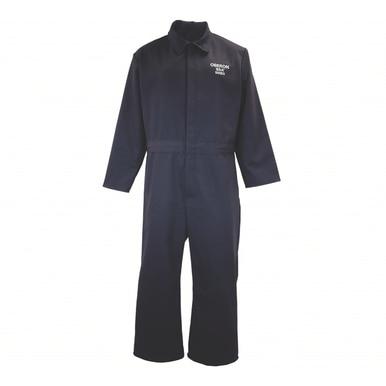 The Oberon BSA30 Series Flame Resistant Arc Flash Coveralls are black with a collared neck and long sleeves, featuring the Oberon logo on the upper left chest area.