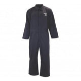 A navy blue Oberon BSA8 Series Flame Resistant Arc Flash Coverall featuring long sleeves and a buttoned front. The words "OREGON Pro" are printed in white on the chest, showcasing this essential safety equipment against a plain white background.