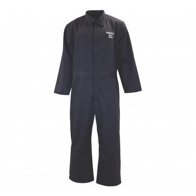 The Oberon BSA8 Series Flame Resistant Arc Flash Coveralls feature a black design with long sleeves and a collar, emblazoned with the "OREGON" logo on the chest. This simple and utilitarian coverall is ideal for protective use as safety equipment in environments requiring arc flash PPE.