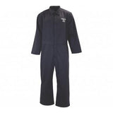 The Oberon BSA8 Series Flame Resistant Arc Flash Coveralls is a dark blue safety garment with long sleeves and a collar, featuring a front zipper and a small embroidered logo on the chest. Its simple, utilitarian design makes it ideal for individuals seeking reliable safety equipment.