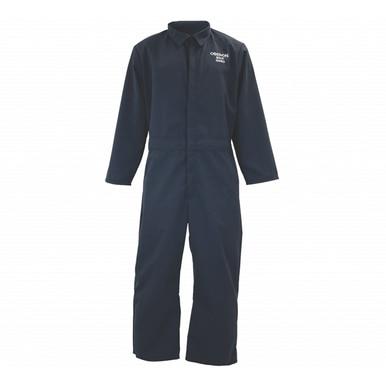 Introducing the Oberon BSA12 Series Inherently Flame Resistant Arc Flash Coveralls: a black, USA-made work coverall with long sleeves, a pointed collar, and a front zipper. It boasts flame-resistant properties and features "Coverall 8655" text on the left chest.