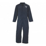 The Oberon BSA12 Series Inherently Flame Resistant Arc Flash Coveralls, made in the USA, are designed with a black color. They feature long sleeves, full-length pants, a collar, and a front zipper closure. The words "Chelsea FC" are embroidered in white on the upper left side of the chest to emphasize its flame-resistant properties.