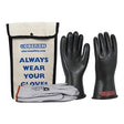 An Oberon Class 0 Rubber Electrical Glove Kit GLVKT-BRC0, which includes a pair of black rubber electrical gloves and white cloth gloves, is showcased alongside a white carrying pouch that displays the messages "Always Wear Your Gloves" and "oberonsafety.com" to emphasize essential insulating protection.