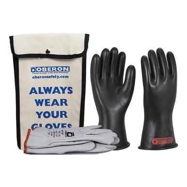 An Oberon Class 0 Rubber Electrical Glove Kit GLVKT-BRC0, which includes a pair of black rubber electrical gloves and white cloth gloves, is showcased alongside a white carrying pouch that displays the messages "Always Wear Your Gloves" and "oberonsafety.com" to emphasize essential insulating protection.