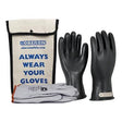 Displayed beside a stylish canvas bag are the Oberon Class 00 Rubber Electrical Glove Kits GLVKT-BRC00, featuring black rubber electrical gloves and white protective gloves. The bag, with its sleek black top and white body, is emblazoned with "ALWAYS WEAR YOUR GLOVES" along with a website URL, emphasizing the importance of insulating protection.